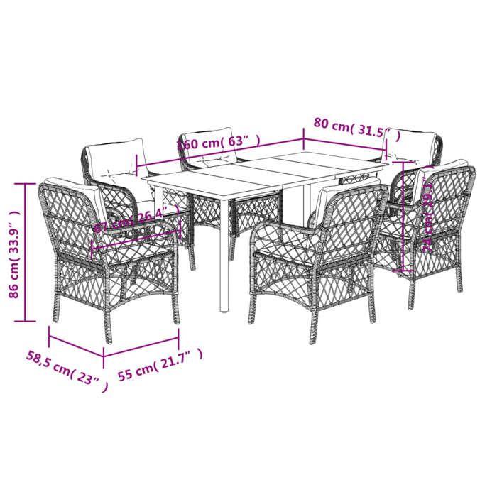 VidaXL Ensemble à Manger de Jardin avec Coussins 7 pcs, Table et Chaises de Patio, Meubles d'Extérieur Terrasse, Moderne, 3212121