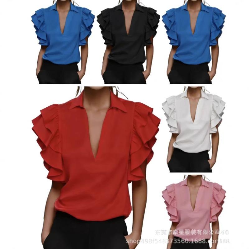 Women S Short Sleeve V Neck Ruffle Shirt Summer Casual