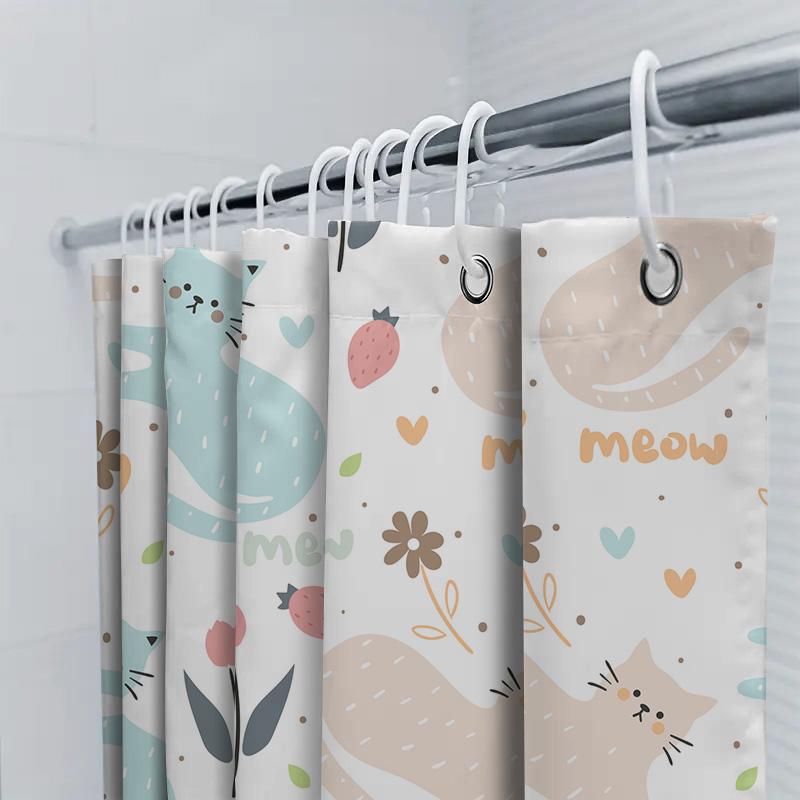 Modern Home Decor: Adorable Cat Shower Curtain Set For Bathroom Pink Blue Floral Pattern With Strawberry Design Easy Install Hoo