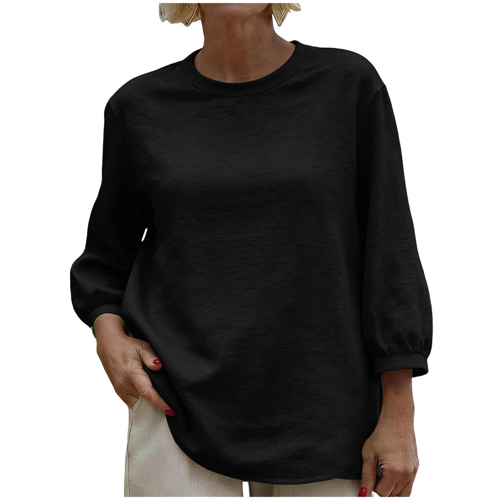 Women Loose Fit Crew Neck Three Quarter Sleeve Casual Solid Pullover Top Comfortable Relaxed Basic T Shirt Blouse