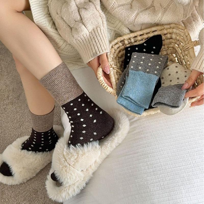 Thick and Warm Wool Polka Dot Socks for Autumn and Winter, Color-blocking Men's Mid-calf Pile Socks for Women