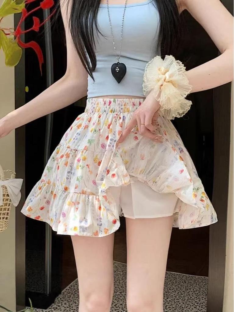 Women's Floral Print A-Line Mini Skirt - Summer High Waist, Slimming Korean Style, Sweet Pleated, Petite Layered Cake Design