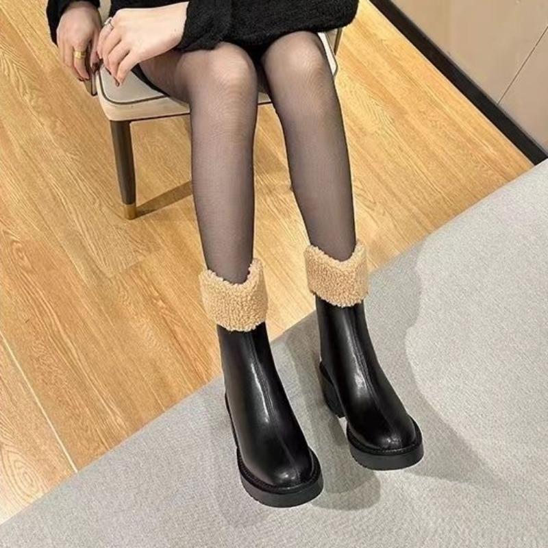 Fashion Ladies Shoes Half High Elegant with Medium Heels Women's Snow Boots Mid Calf Black Fur Comfrtable On Offer Slip Spring Autumn Pu