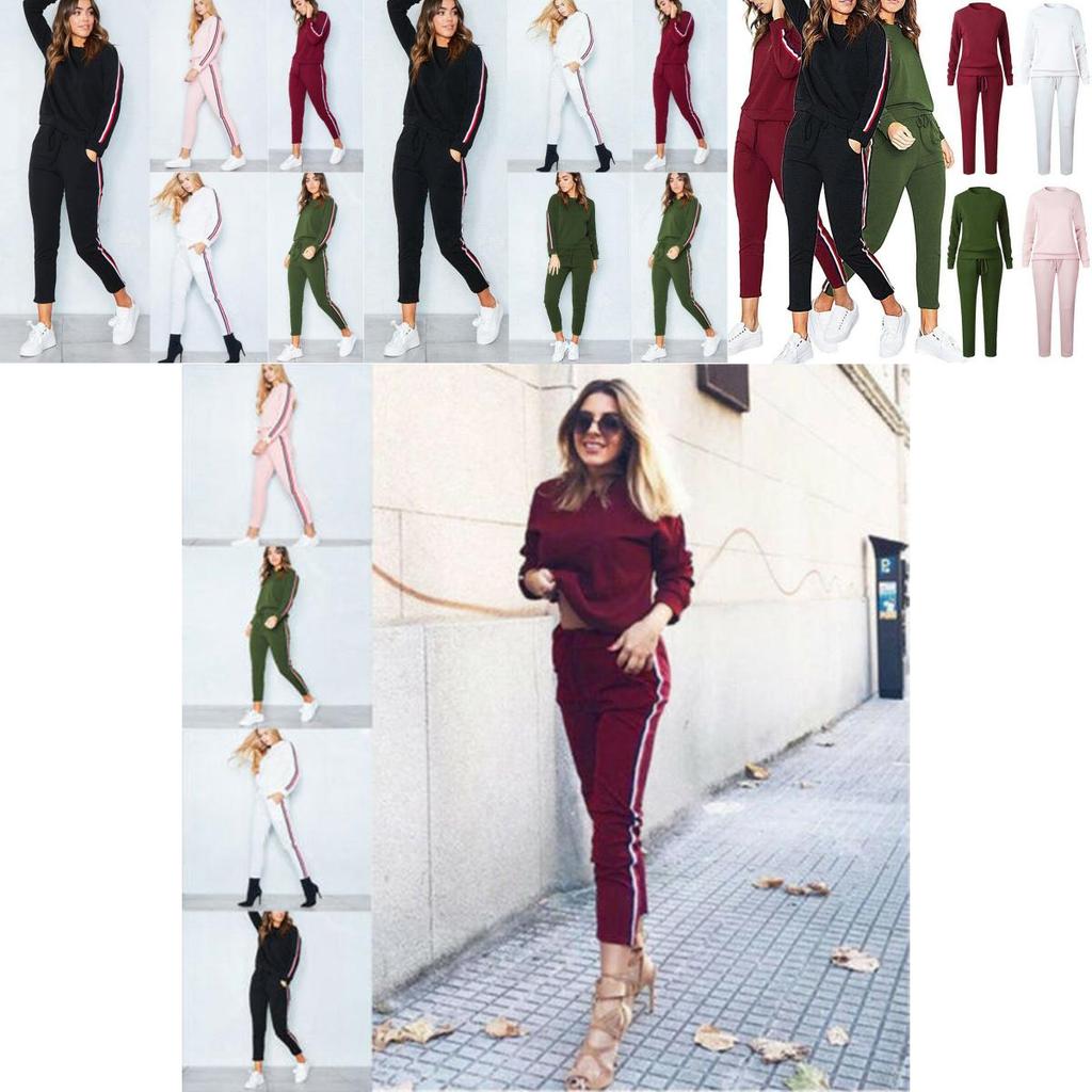 Women's 2 Pcs/set Tracksuits Comfy Striped Loungewear With O-neck And Drawstring