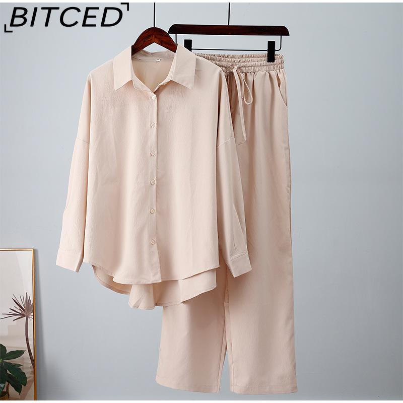 BITCED Herbst und Winter Locker Stretch Knitterhemd Langarm Weitbeinige Hose Freizeitanzug Damen Zweiteiler