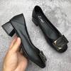 French Square Head Thick Heel Single Shoes Autumn New Mid-heel Professional High Heels Rubber Sole Soft Leather Single Shoes