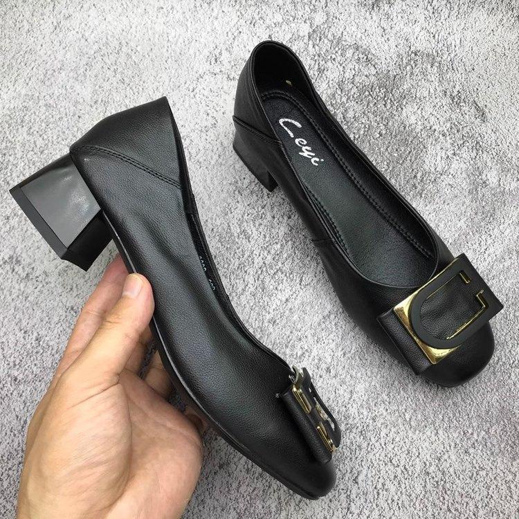 French Square Head Thick Heel Single Shoes Autumn New Mid-heel Professional High Heels Rubber Sole Soft Leather Single Shoes
