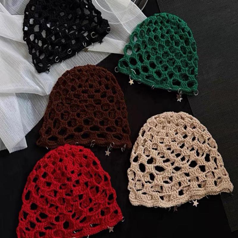Women Crochet Hollow Star Knitted Summer Beanie Cap Stretchy Breathable Casual Head Cap for Gift Giving