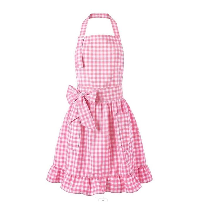Cooking and Baking Apron with Checkered Pattern, 2 Front Pocket and Ruffle Lower Edge for Kitchen Wear Daily Use