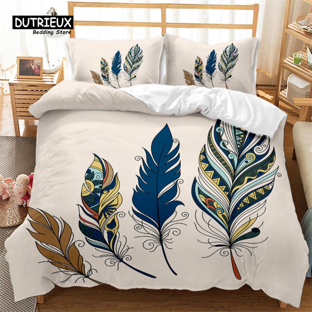 Feather Bedding Set Bohemia Style Abstract Geometric Print Duvet Cover Set Microfiber Comforter Cover King Queen For Kids Adults