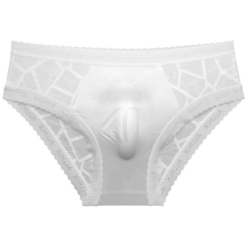 Men's Underwear 3D Pouch Sexy Letter Print Semi-Transparent Ice Silk Lace Cutout Briefs