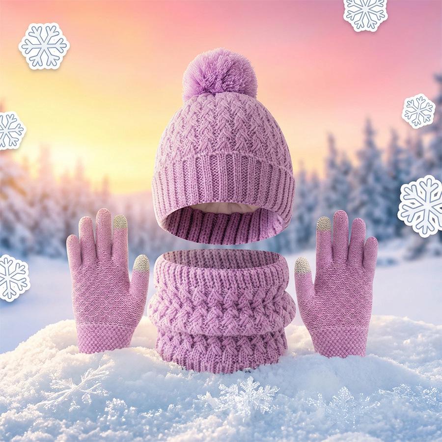 Europäisches & Amerikanisches Kinder Herbst/Winter Plus Samt Bommelmützen, Schal & Handschuhe Set