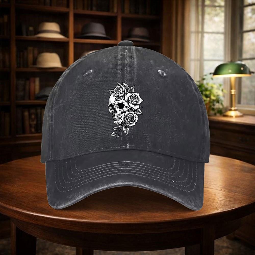Skull Rose Tattoo Print Baseball Cap Washed Denim Casual Adjustable Hat