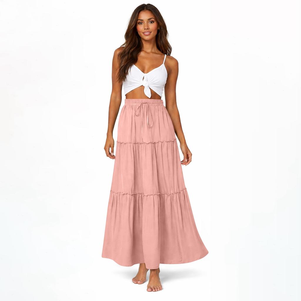 Women's Fashion Color Elastic Waist Skirt Loose Casual High Waist Tie Long Skirt