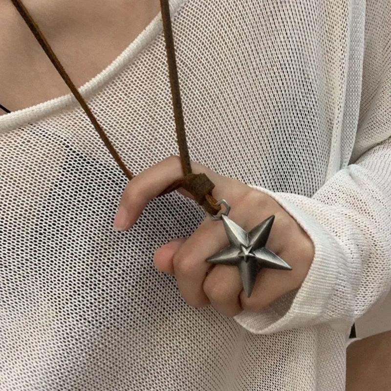 Adjustable Leather Rope Star Pendant Necklace for Women Vintage Ethnic Style Boho Necklace Harajuku Jewelry Accessories