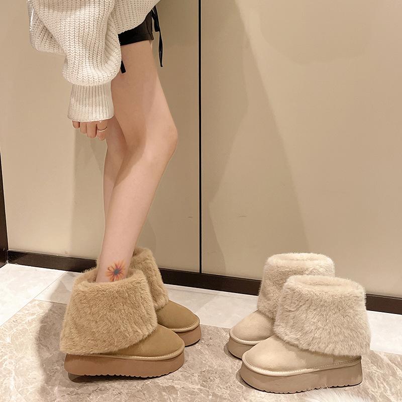Large size thick-soled snow boots for women's new winter sleeve piled warm medium tube flanged fluffy cotton shoes