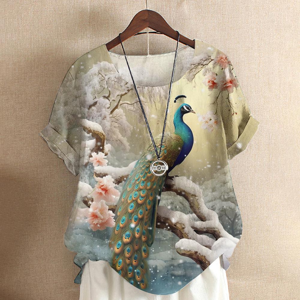 Harajuku Casual Short Sleeve Top Tee O Neck Oversized Female Clothing Women's T-Shirts Cute Animal Peacock 3d Print T-Shirt