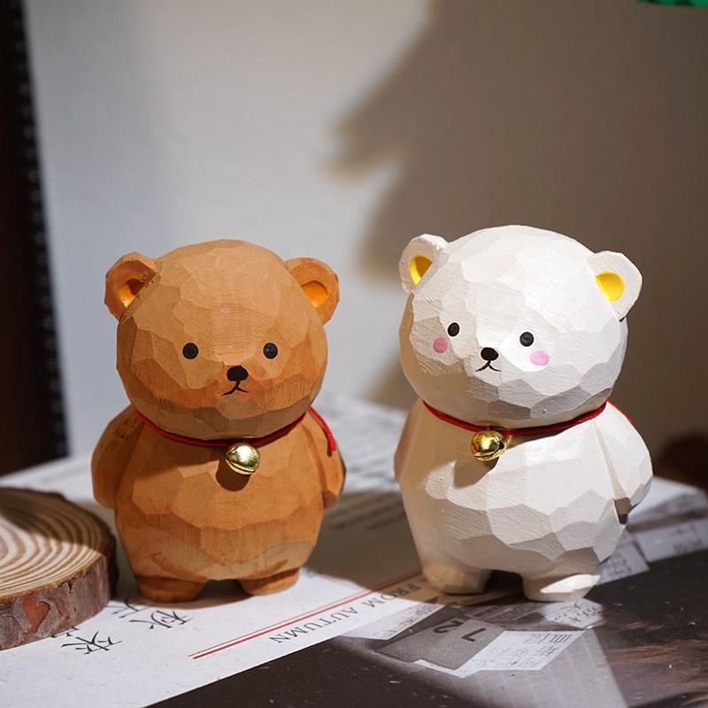 Hand Carved Wooden Bell Bear Miniature Cute Animal Figurine Office Desk Decor