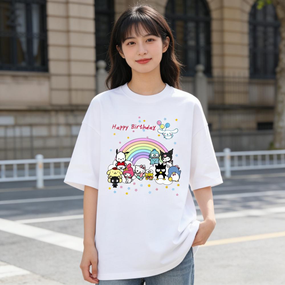 2026 New Sanrio Characters Happy Birthday Cartoon Print Tshirt Family Matching Outfits Casual Short Sleeve Tee Women Unisex Kids
