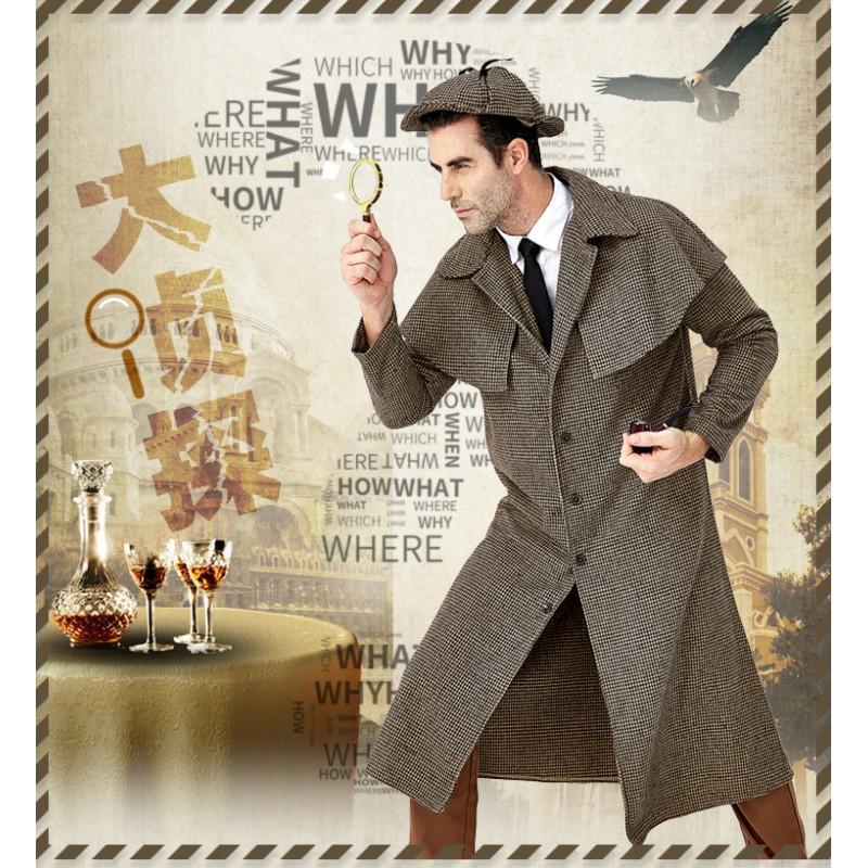 Halloween Male Costume Sherlock Holmes Vintage Plaid Trench Coat Stage Performance