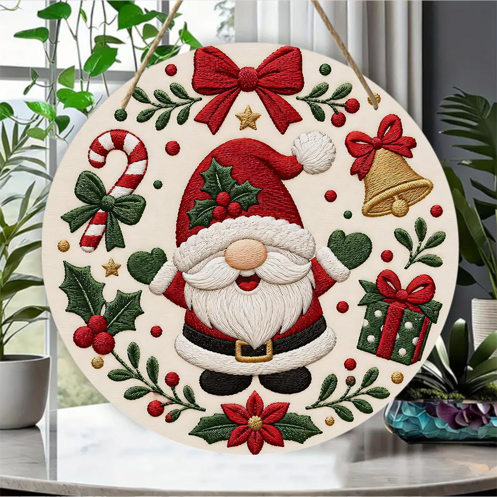 Festive Christmas gnome pattern Round Wooden Hanging Plaque seasonal wall art decor rustic holiday door sign home indoor xmas ornament