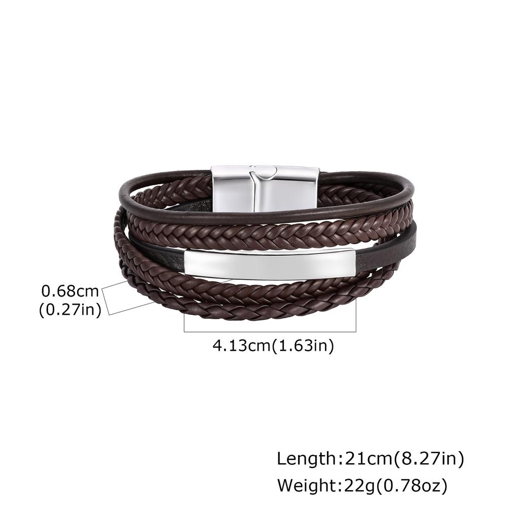 Vnox Free Engraving Men's Bracelet, Multilayer Leather Stainless Steel Long Bar Charm Wristband, Brown Black Braided Jewelry New