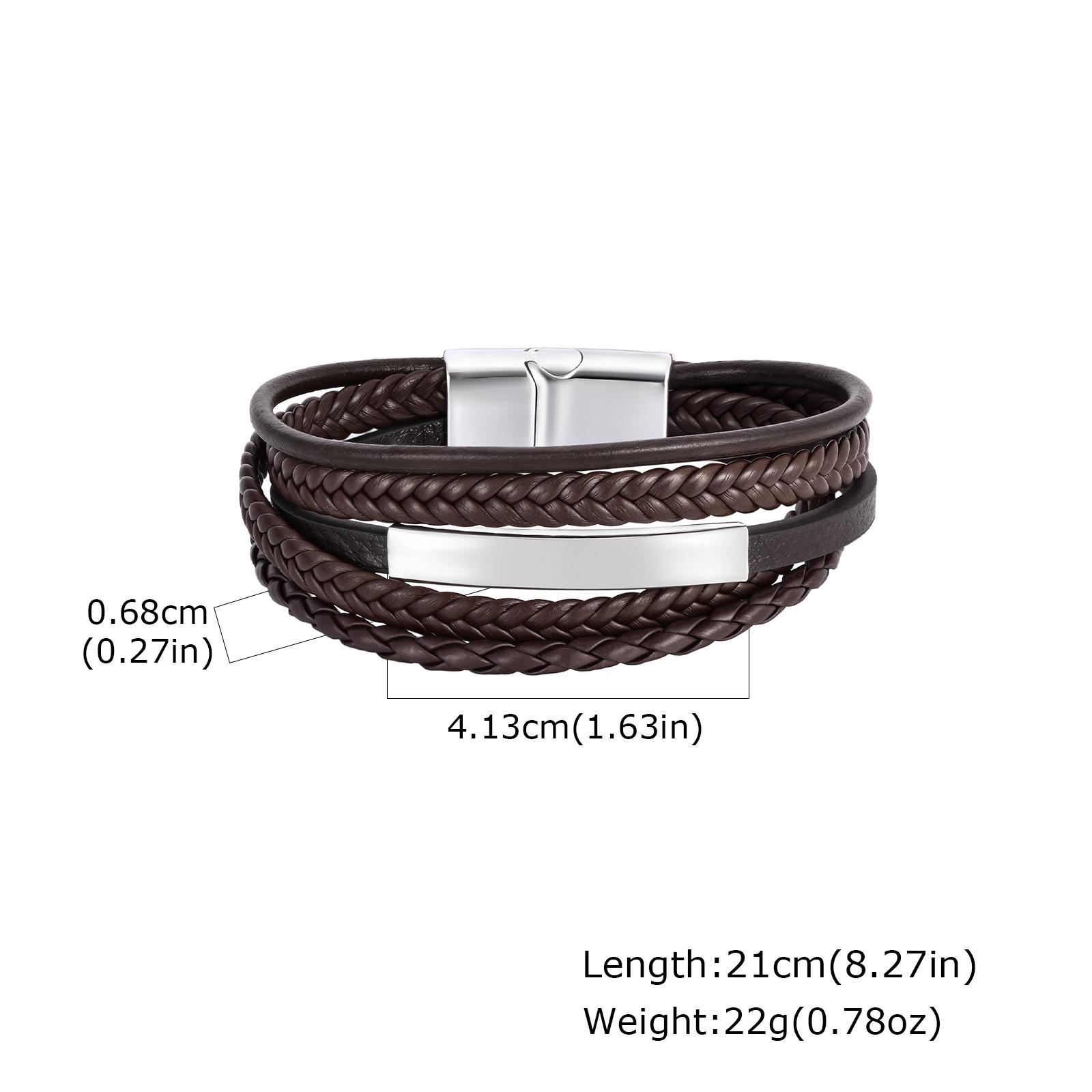 

Vnox Free Engraving Men s Bracelet, Multilayer Leather Stainless Steel Long Bar Charm Wristband, Brown Black Braided Jewelry New Customize