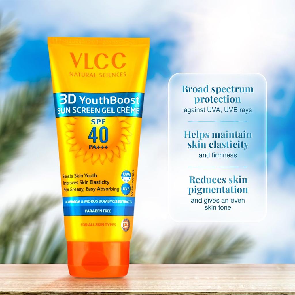VLCC 3D Youth Boost SPF 40 Sunscreen Gel Crème 100g Broad Spectrum UVA UVB Protection Skin