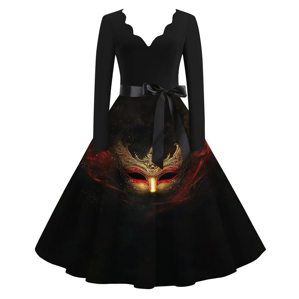 Women's Casual Fashion V-Neck Long Sleeve Carnival Print Vintage  Dress