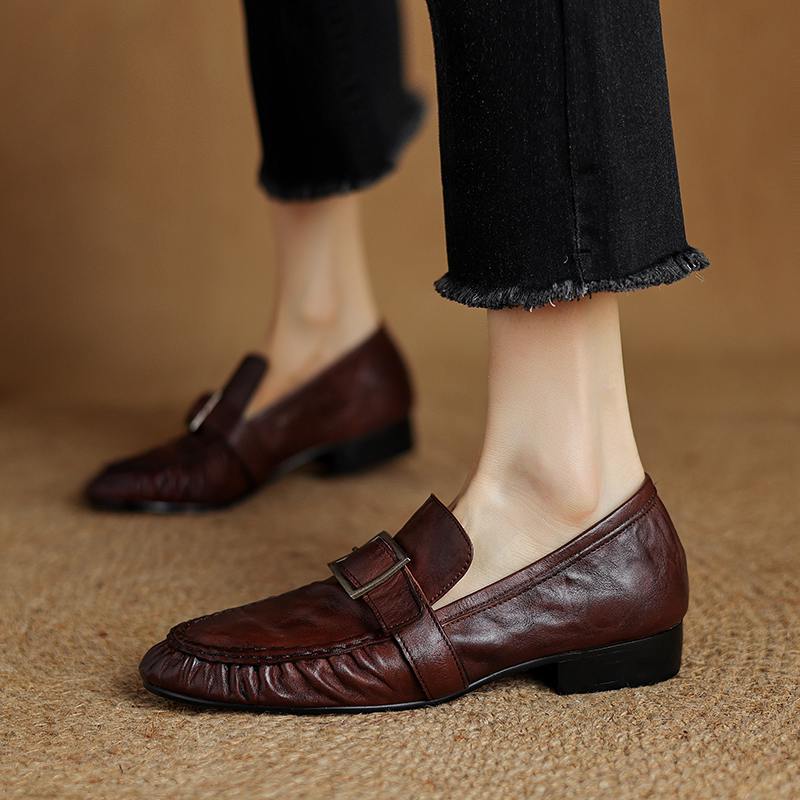 Krazing Pot Cow Skin Spring Summer Size 40 Loafers Thick Low Heels Pleated Decoration Women Round Toe Leisure Pumps