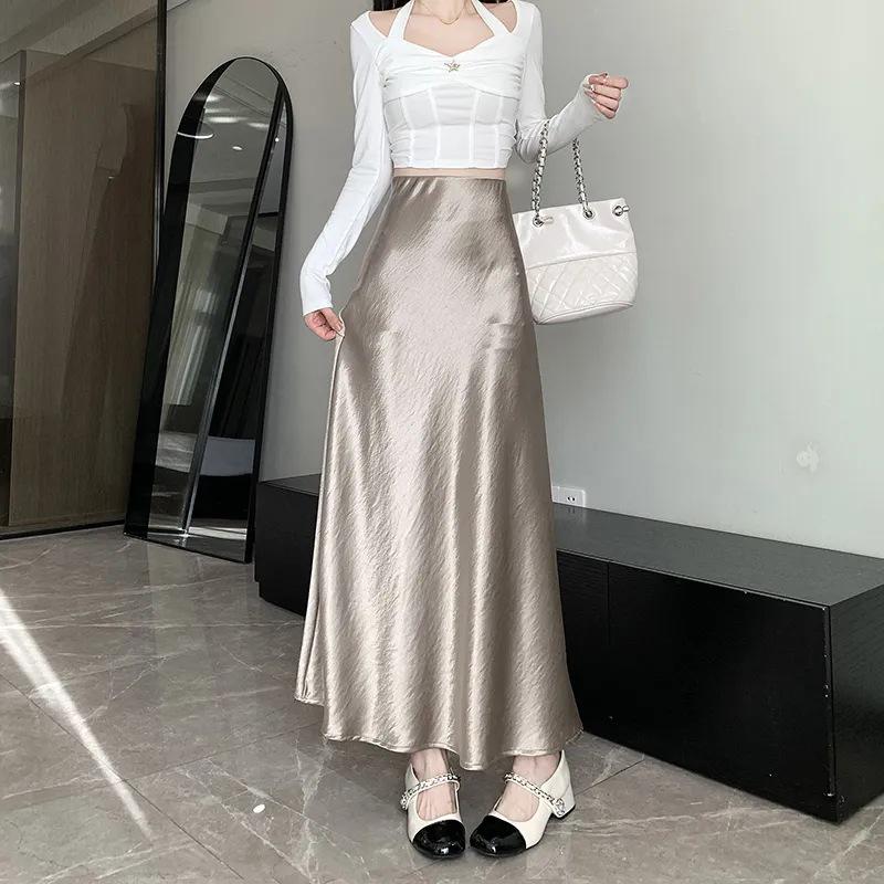 Women's A-line Mermaid Skirt - Spring/Summer 2025 Korean Style Mid-Length Acetate Satin Draped Skirt