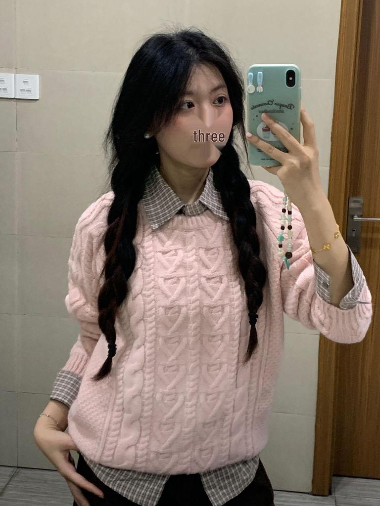 Korean Style Pink Cable Knit Sweater - Women's Autumn/Winter Cardigan with High-End Feel