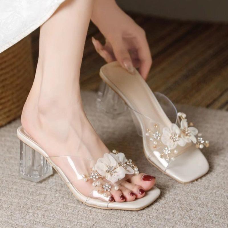 Fashion Luxury Women's High Heels Slippers Pvc Flower Bead Heeled Shoes Summer Fashion New Chunky Sandals Pumps 2025 Elegant Lady Shoes