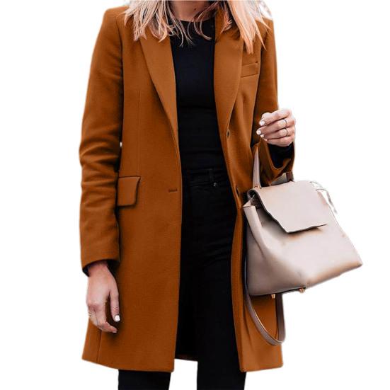 

Women Jacket Solid Color Turn-down Collar Single-breasted Long Autumn Blazer for Work L