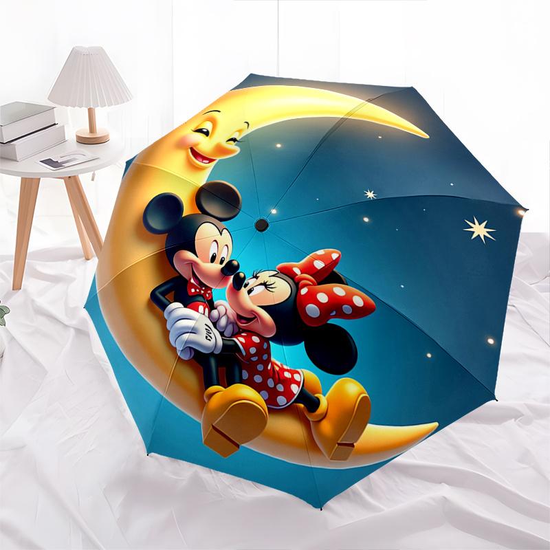Automatický otevírací a zavírací deštník Mickey a Minnie, Kompaktní cestovní deštník, Lehký a přenosný, Vhodný na pláž, dojíždění, do práce