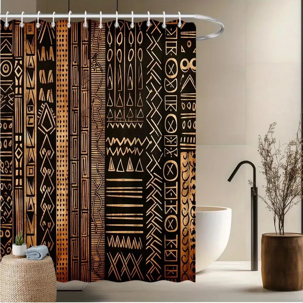 African Tribal Shower Curtain Black Gold Ethnic Art Decor Bathroom Fabric Panel With Hooks Washable Fade Resistant Modern