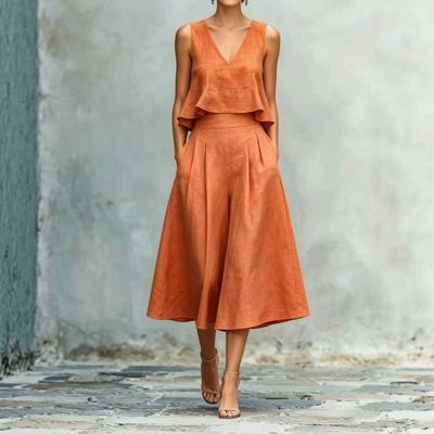 Damen V-Ausschnitt Ärmellos Leinen Zweiteiliges Set Hohe Taille Faltenrock Anzug Elegant