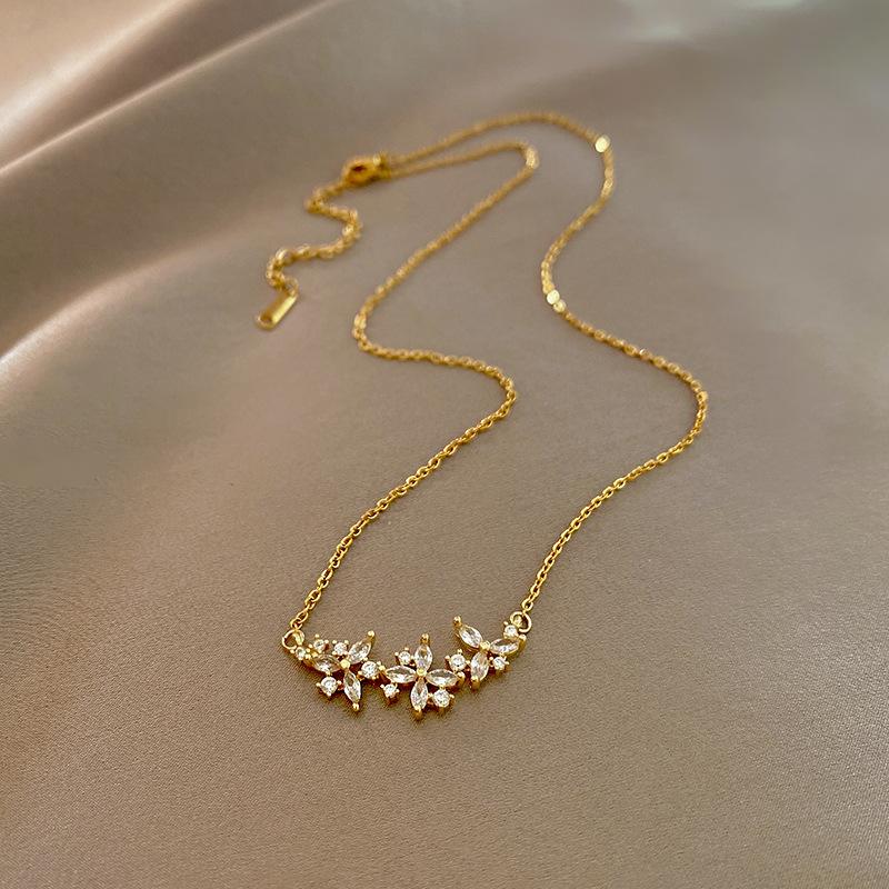 Exquisite Luxury Zircon Crystal Flower Gold Color Stainless Steel Pendant Necklace for Women Trendy Valentine's Day Gift Jewelry