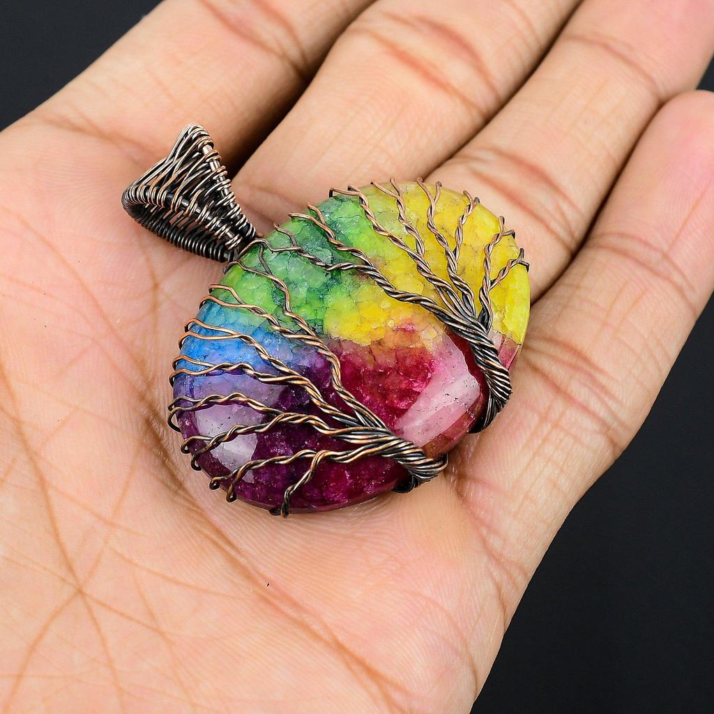 Tree Of Life Rainbow Solar Quartz 999 Copper Wire Wrapped Pendant, Handmade Gemstone Pendant Jewelry, Gifts For Wife Brand New Pendant