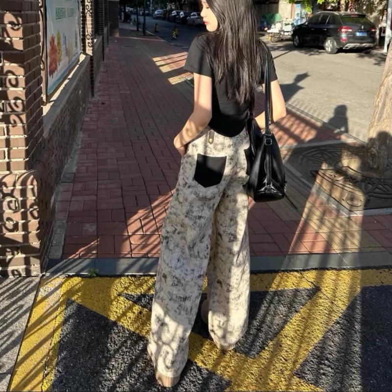 High Street Retro Tie Dye Printed Loose Wide Leg Pants for Women Autumn High Waist Straight Casual Pants Woman Elegant Fashion Ladies Trousers 25109