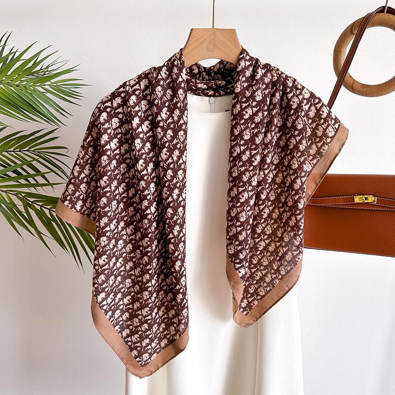 

Korean Alphabet Versatile Professional 90Cm Imitation Silk Large Square Scarf Retro Printed Shawl Herringbone Scarf Headscarf Female 90x90cm