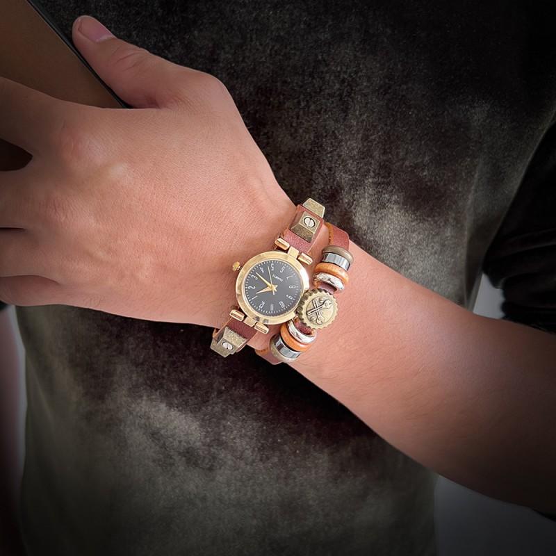 Vintage Punk Mens Leather Watch With Handmade Beaded Band Digital Quartz Wristwatch Adults