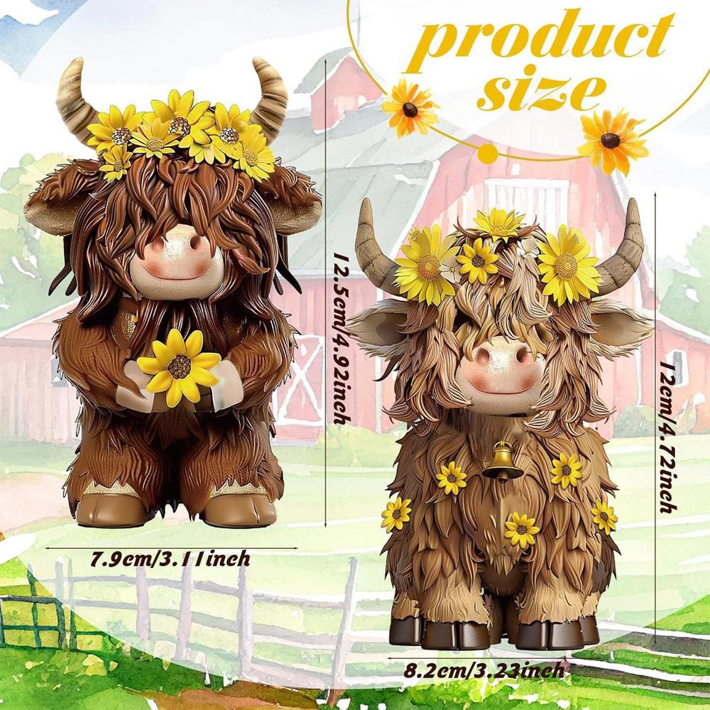 Highland Cow Figurine 3D Highland Cattle Statue Farmhouse Housewarming Decor Small Cute Brown Scottish Resin Figurine for