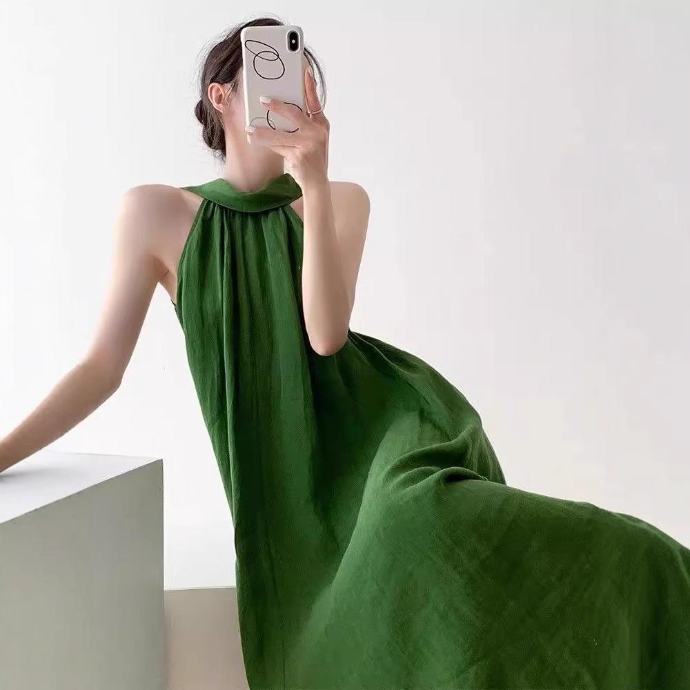 Summer French neck-hanging temperament waist lazy wind holiday dress women's new Mori white off-the-shoulder dress
