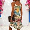 Women Plus Size Criss Cross Cutout Neck Sleeveless Landscape Printed Fitted Curved Hem Dress