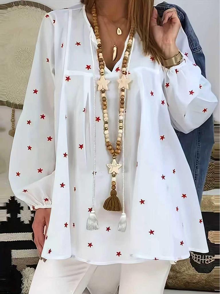 2025 Autumn V-neck Star Print Drawstring Comfortable Casual Loose Batwing Sleeve Pullover