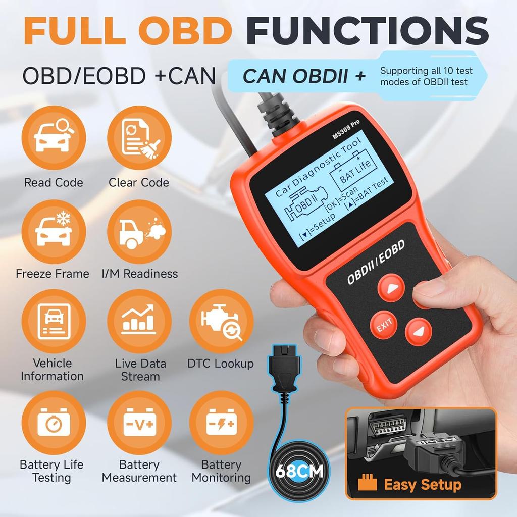 OBD2 Scanner with Battery Tester - Code Reader Engine Fault Scanner Diagnostic Scan Tool for OBD II Protocol Cars Since 1996, Real-Time Data