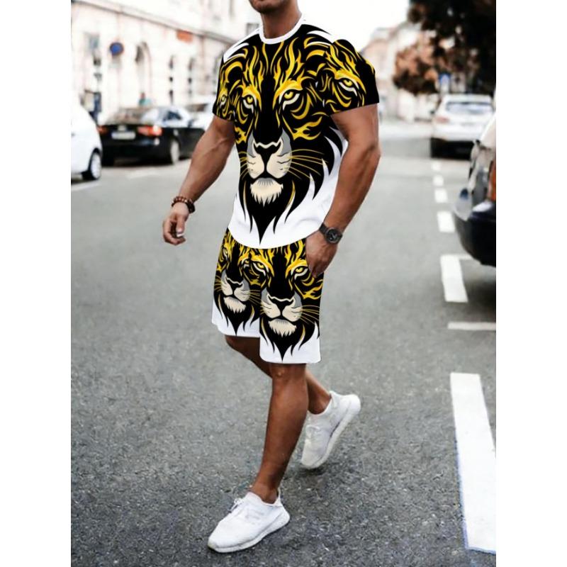Men s Fashion Hip Hop Style Suit: Lion Head Print Top & Bottoms. Breathable Summer Wear for Street Dance & Leisure S разноцветный