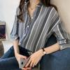Women Grey Vertical Stripe Lapel Button Down Shirt 3/4 Sleeve Loose Casual Oversized Blouse
