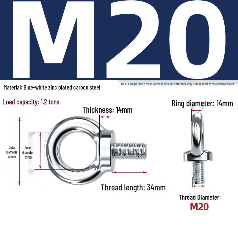 Marine Grade Zinc-Plated Hardened Carbon Steel Lifting Eye Bolt with Nut, Round Ring, Extended Thread, M6 M8 M20